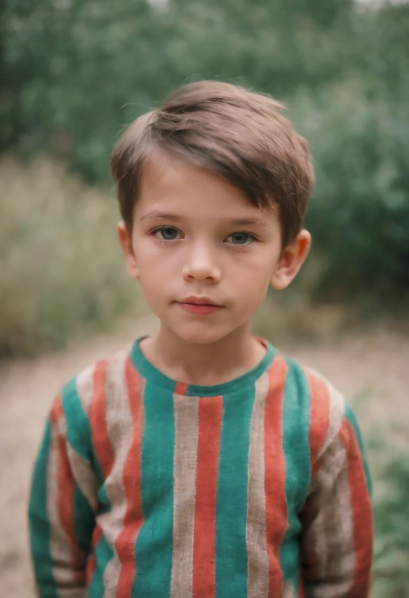a photo of boy with colorful stripes, in the style of analogue filmmaking, negative colors, light emerald and light crimson, kodak vision3 50d, himalayan art, ethereal portraits, flickr, split toning