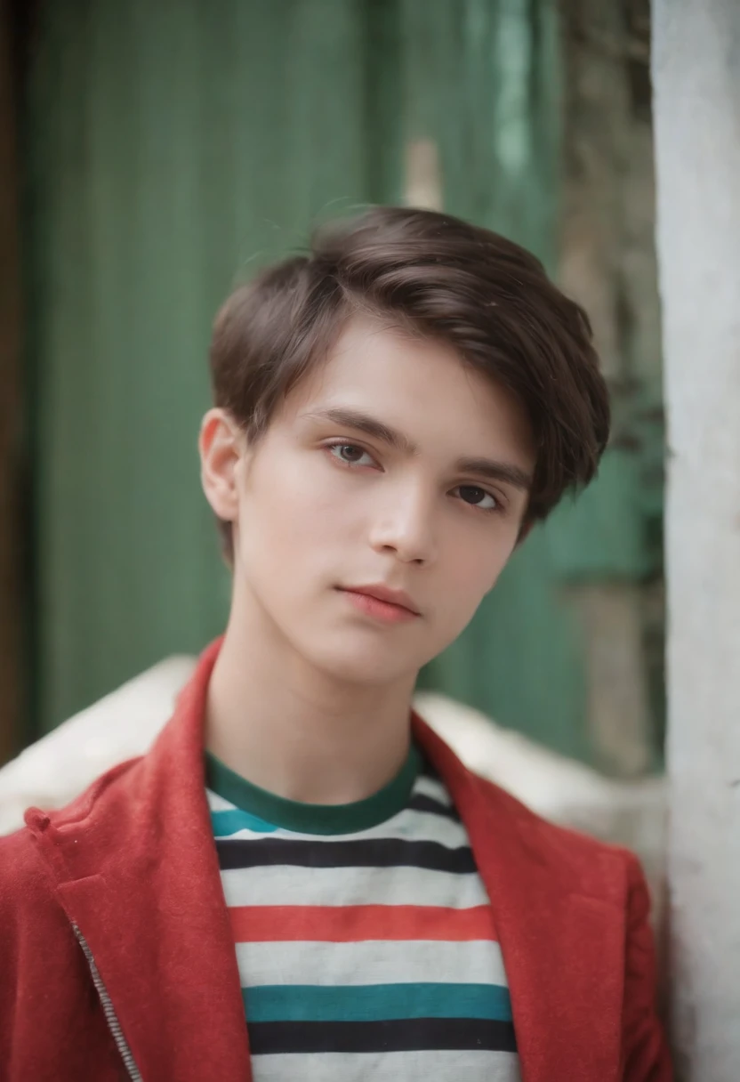 a photo of boy with colorful stripes, in the style of analogue filmmaking, negative colors, light emerald and light crimson, kodak vision3 50d, himalayan art, ethereal portraits, flickr, split toning