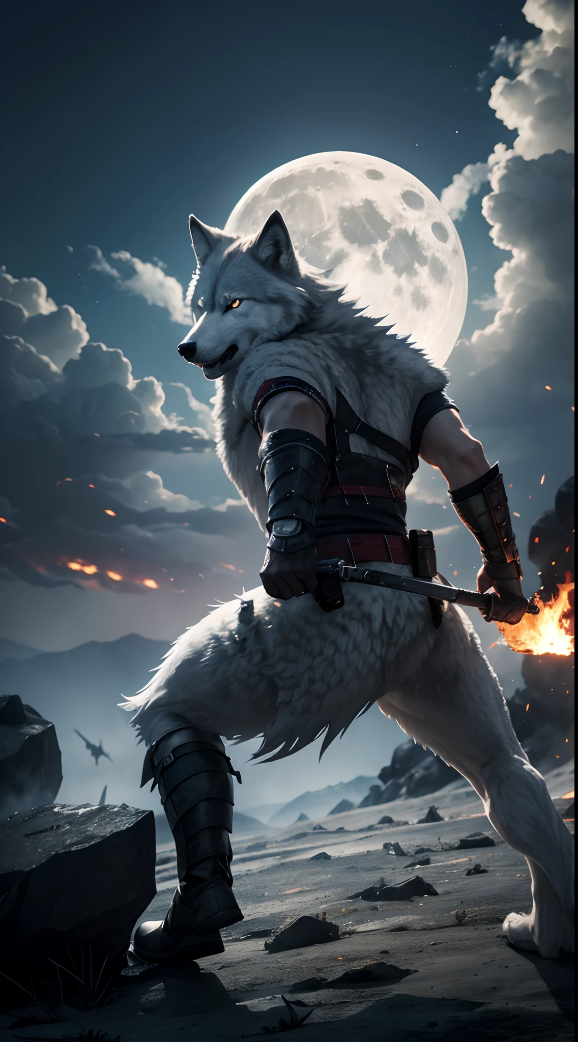 wolf claws, back to back, full moon, white wolf, claws split the sky, robitic, spitting fire, burning battlefield background , soldier , cinema impression, 4k