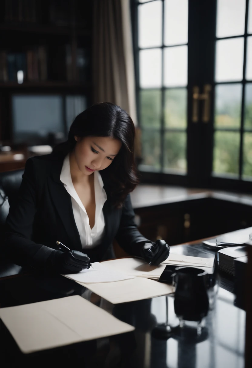 Wearing black leather gloves in both hands, upper body, black business suit, facing the desk in the modern study in the dark, looking down, smiling, writing a letter using a fountain pen, long, straight black hair, young and cute face Japanese female new employee (black leather gloves cover both hands)