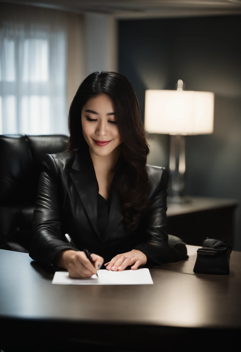 Wearing black leather gloves in both hands, upper body, black business suit, facing the desk in the modern study in the dark, looking down, smiling, writing a letter using a fountain pen, long, straight black hair, young and cute face Japanese female new employee (black leather gloves cover both hands)