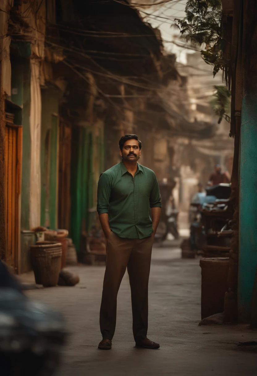 a serious man standing, indian street background, medium shot, cinematic