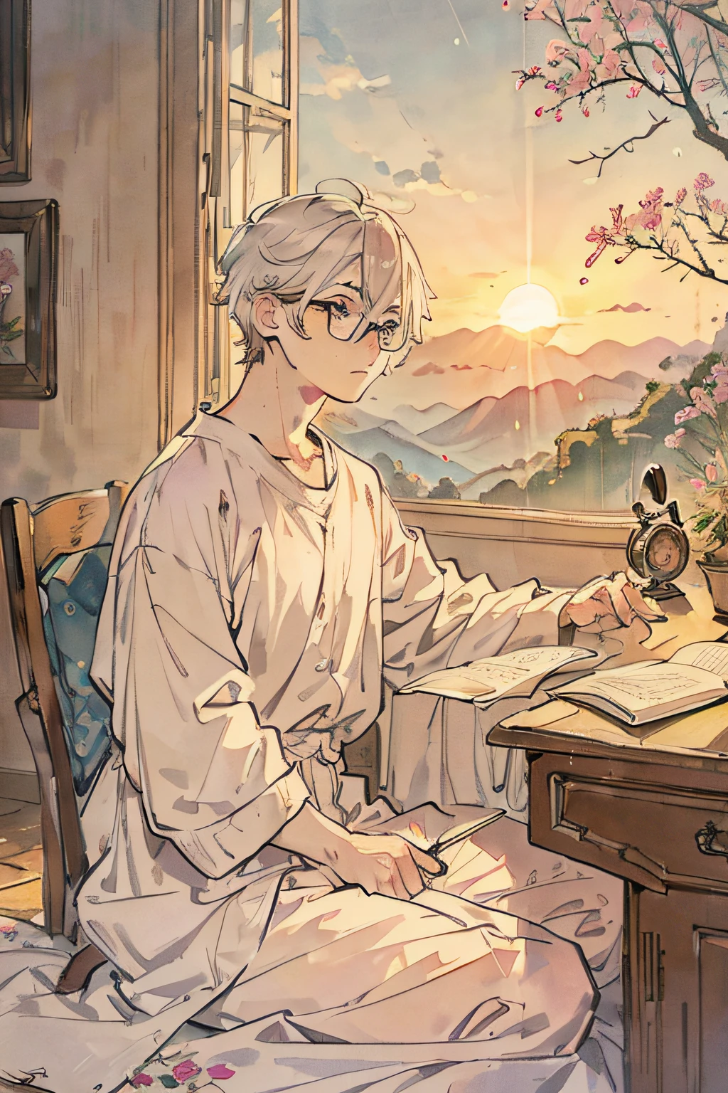 masterpiece, best quality, high quality, 1boy, studying in his peach pastel room, cozy study desk, white hair with mash cut hairstyles. glasses, large window overlooking beautiful nature scenery, (staring at the scenery), floral notebooks, (raining), (sunrise time),