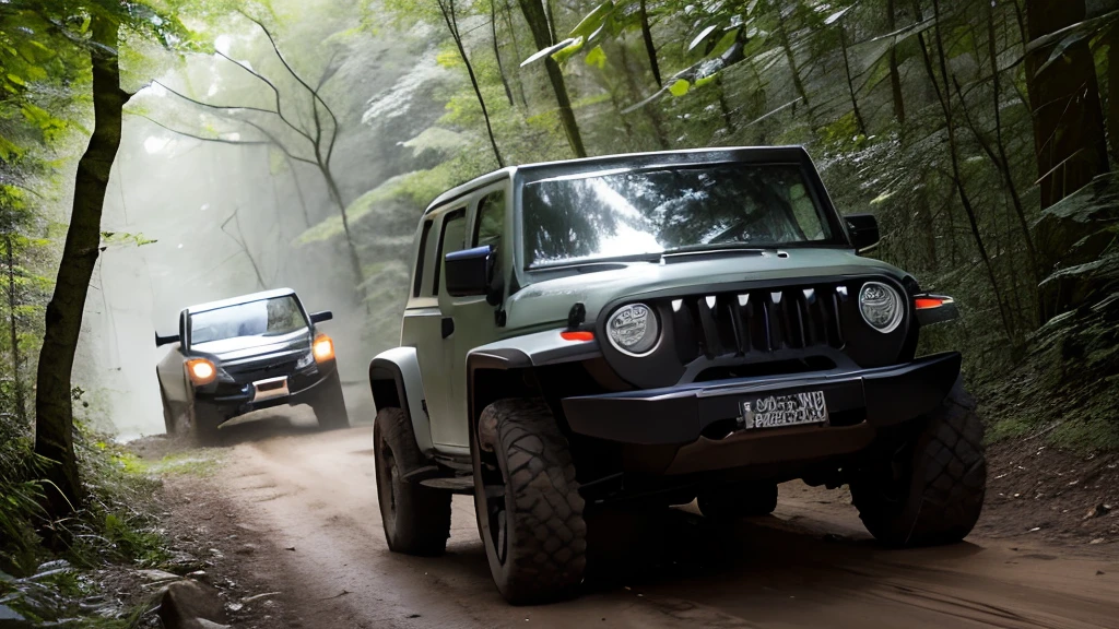 racing jeeps in the forest,detailed jeeps,dynamic action,adventure,exciting race,thrilling experience,off-road vehicles,furious speed,tree-covered trails,muddy paths,spinning tires,roaring engines,forest setting,beams of sunlight filtering through the trees,green foliage,leafy branches,dense forest,serene atmosphere,action-packed race,best quality,4k,8k,highres,masterpiece:1.2,ultra-detailed,realistic:1.37,HDR,UHD,studio lighting,extreme detail description,professional,vivid colors,bokeh,natural color tones,dramatic lighting.