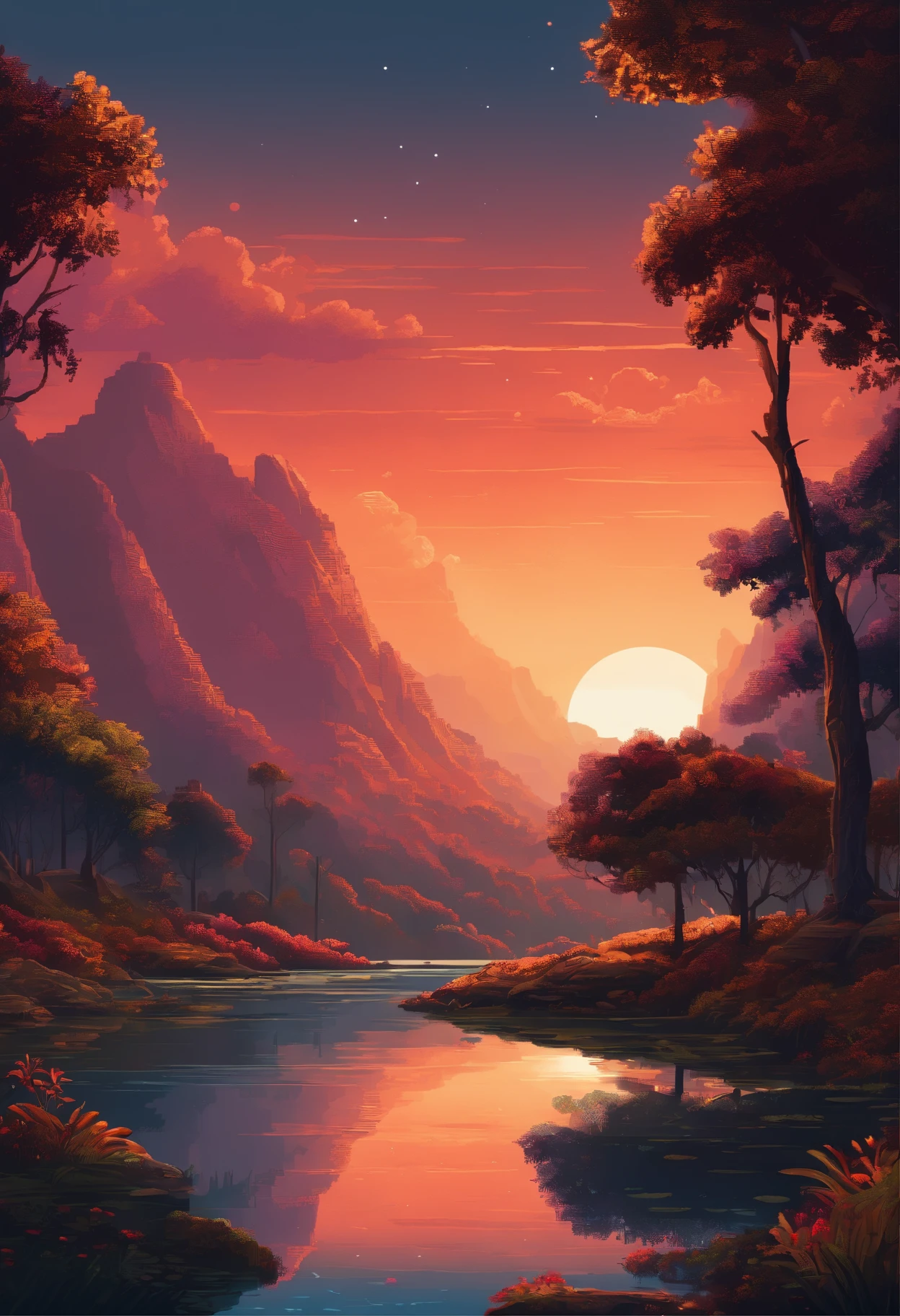 Pixel art, Flat design, hyper-high detail. Landscape universe