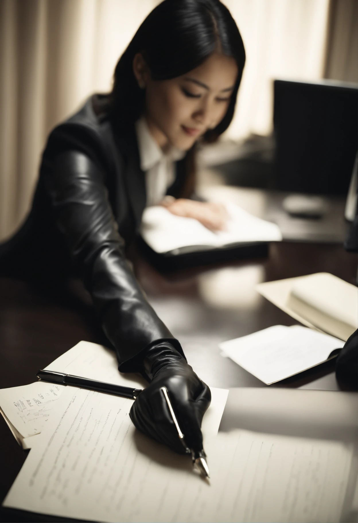 Wearing black leather gloves in both hands, upper body, black business suit, facing the desk in the modern study in the dark, looking down, smiling, writing a letter using a fountain pen, long, straight black hair, young and cute face Japanese female new employee (black leather gloves cover both hands)