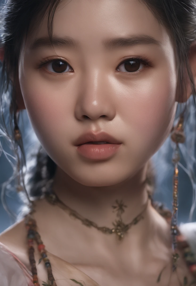 Touch a close-up of an Asian girl with a beautiful water spirit,Her dark eyes were full of wisdom and a hint of melancholy,Surrounded by the soft afterglow of the setting sun,4K,Shot with the Canon EOS R6,using a portrait lens,Shoot in warm primetime lights