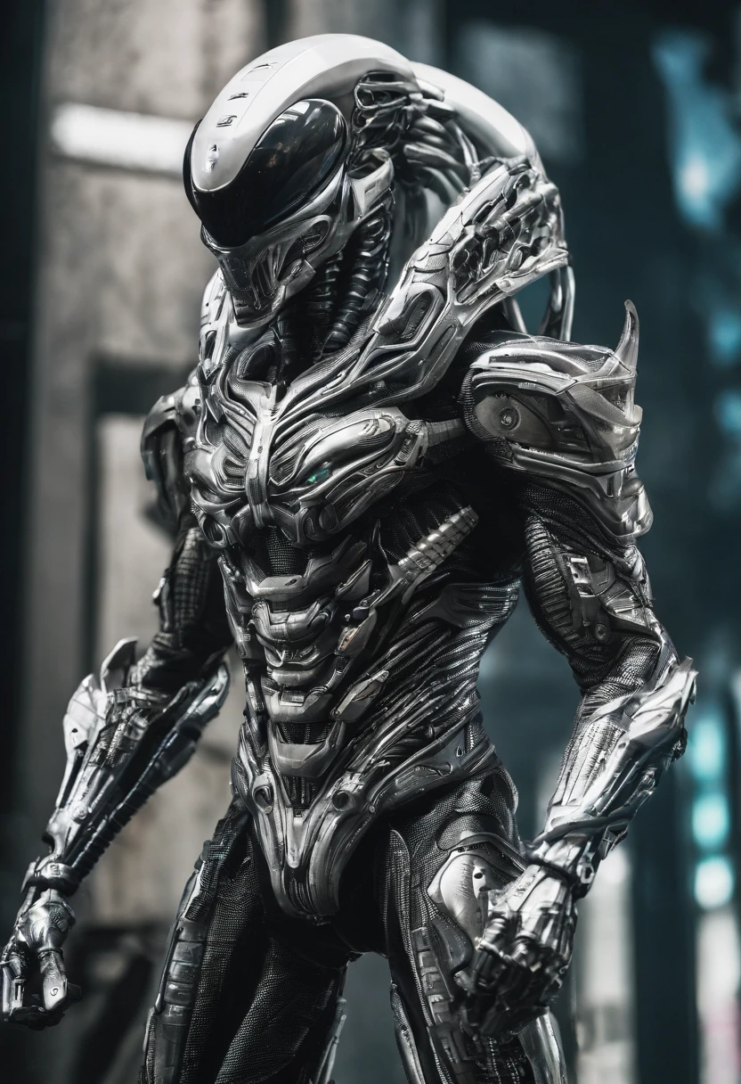 Predator，full bodyesbian，Silver-white armor，high-tech weapon