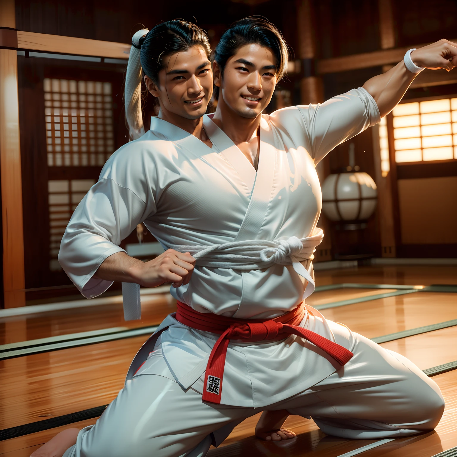 (((2heads))), 1man,(big bulge), chubby, very feminine and beautiful face, no facial hair, no body hair, tight white karate clothing, colorful karate headband, wet, drenched, massive big bulge in crotch, dripping gooey white slime on skin,oiled skin, wet skin, dirty blonde, dark hair with highlights, smiling, full body, at a futuristic dojo with Japanese men in traditional Japanese attire in the background,realistic, detailed,oiled skin, glistening skin
