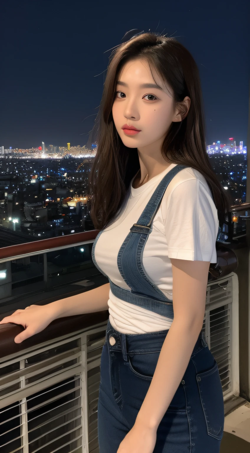 ((Midnight, Best quality, 8k, Masterpiece :1.3)), Whole body, Long legs, Sharp focus :1.2, A pretty woman with perfect figure :1.4, Slender abs :1.1, ((Dark brown hair, Big breasts :1.2)), (White tight tshirt, Jean bib, Standing:1.2), ((Night city view, Rooftop:1.3)), Highly detailed face and skin texture, Detailed eyes, Double eyelid