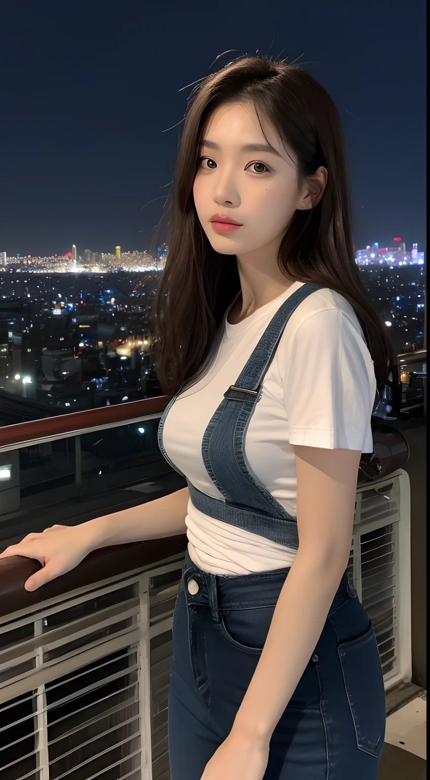 ((Midnight, Best quality, 8k, Masterpiece :1.3)), Whole body, Long legs, Sharp focus :1.2, A pretty woman with perfect figure :1.4, Slender abs :1.1, ((Dark brown hair, Big breasts :1.2)), (White tight tshirt, Jean bib, Standing:1.2), ((Night city view, Rooftop:1.3)), Highly detailed face and skin texture, Detailed eyes, Double eyelid