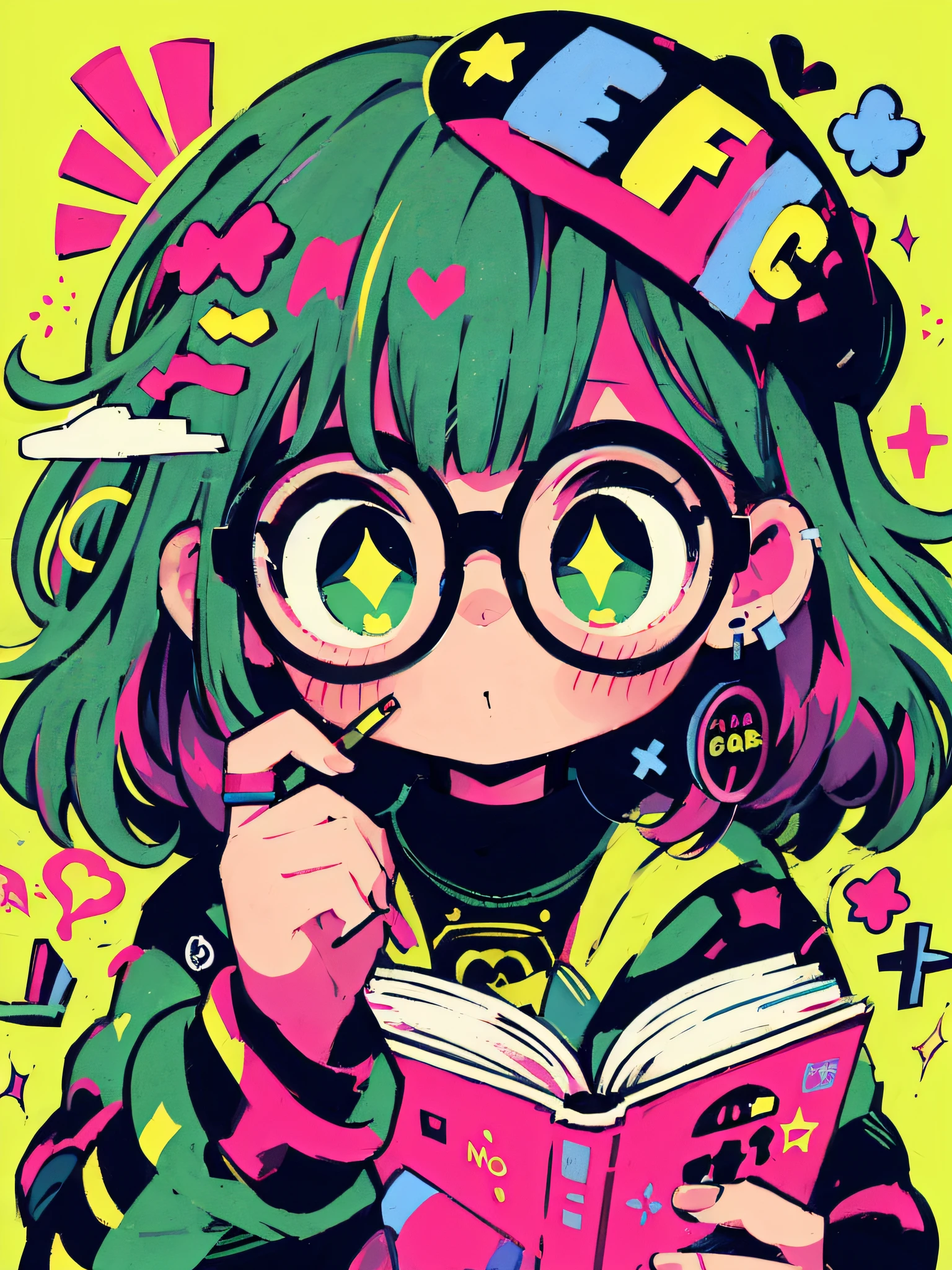 One wears glasses,Girl with book in hand, decora inspired illustrations, lovely art style, anime vibes, anime moe art style, style of anime4 K, Anime style illustration, Anime art wallpaper 4 K, Anime art wallpaper 4k, Anime art style, Retro anime girl, High Quality Anime Art Style, Anime style portrait, anime graphic illustration