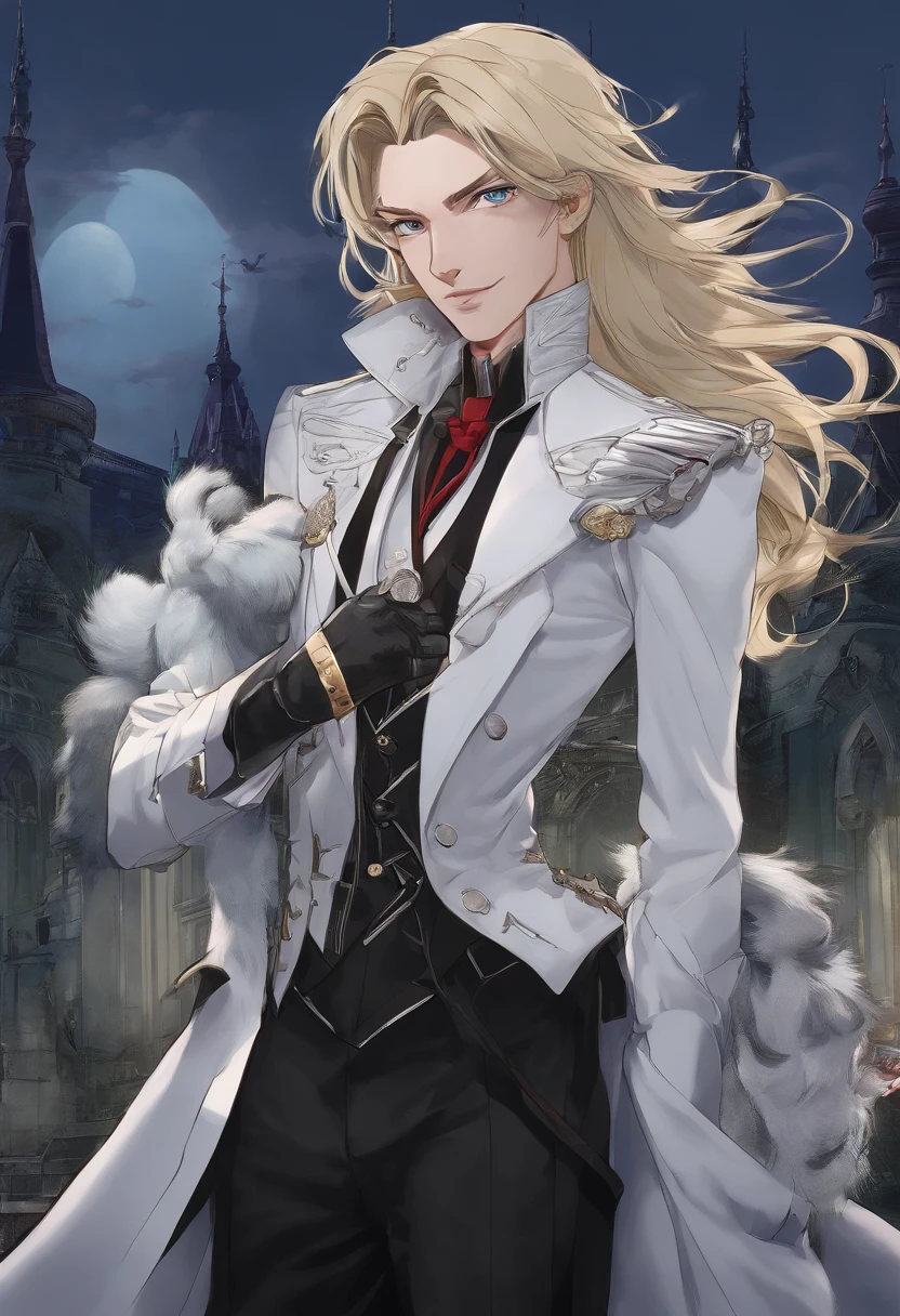 Masterpiece, Highest quality, (solofocus), (Perfect face:1.1),(Castlevania Moon Nocturne:1.3),(High detail:1.1), (hyper detail eyes), Dramatic, 1人, (Pale skin),(Vampire Prince:1.3),a black trench coat,(Arucardo:1.5),Long blonde hair, Ethereal eyes, (Light eyebrows), Solo, Long hair, Jordan Barrett, Moon, Night, white luxury suit, Covered nave, pouty lips, fur, proud expression, beach, Detailed background, Art germ, Cinematic lighting, rosette, Fashion, BalenciagaStyle
