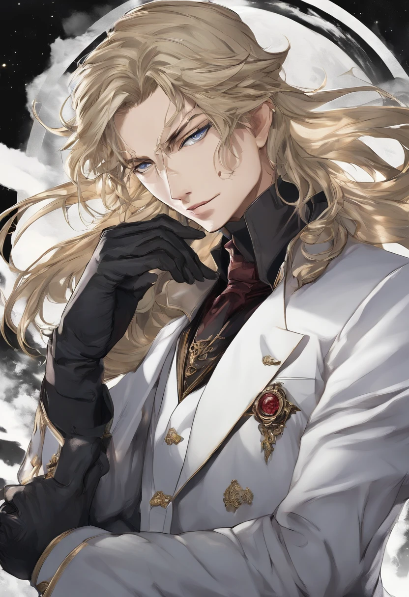 Masterpiece, Highest quality, (solofocus), (Perfect face:1.1),(Castlevania Moon Nocturne:1.3)，(High detail:1.1), (hyper detail eyes), Dramatic, 1人, (Pale skin),(Vampire Prince:1.3)，a black trench coat，(Arucardo:1.5)，Long blonde hair, Ethereal eyes, (Light eyebrows), Solo, Long hair, Jordan Barrett, Moon, Night, white luxury suit, Covered nave, pouty lips, fur, proud expression, beach, Detailed background, Art germ, Cinematic lighting, rosette, Fashion, BalenciagaStyle