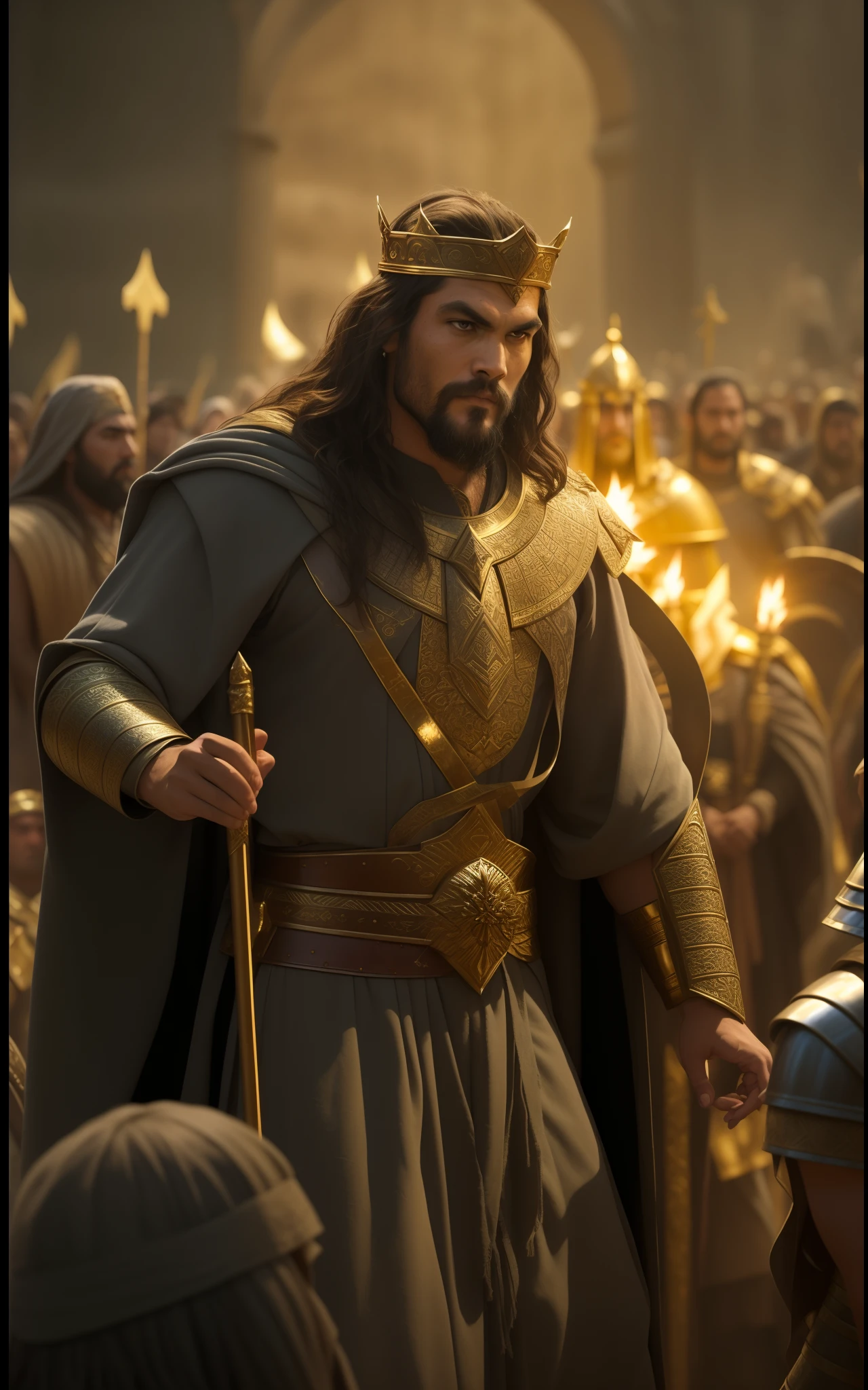 Image of a man in a crown and robe standing before a crowd of people, jason momoa as assyrian, biblical epic movie, Grande Rei de Stovokor, ainda de um filme de fantasia, Gengis Khan, guerreiro persa, Foto de Genghis Khan, de warcraft, Guan Yu, Directed by: Roman Bezpalkiv, [ cinemactic