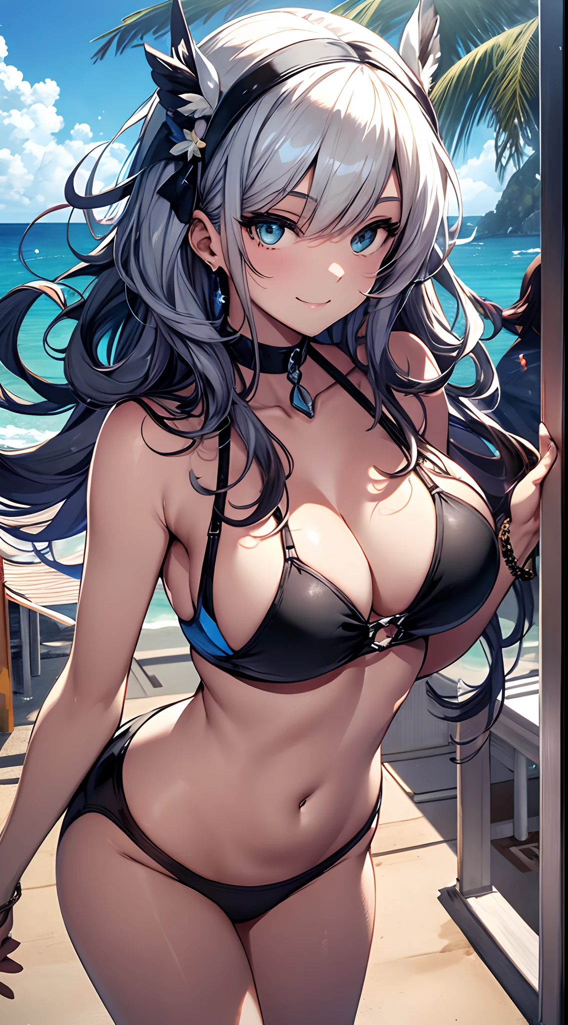 point of view: Third、angled: oblique45From the top of the degree、situation: girl having fun with friends at the beach、charicature: Soio、hairstyle on: Bob Hair、Hair color: A black、Pupil color: Brownish、expressioness: A smile、the pose: Leaning forward and cute、eye: Kamimei、swim wears: Bikini type、Swimsuit colors: blanche、Swimsuit material: Nylons、Swimsuit design: There are gingham plaid ruffles.、accessorized: Lunette de soleil,耳Nipple Ring,a choker,anklets、Accessory color: Simple colors such as black and white、Accessory material: Shiny objects such as metal or glass、Background with: Blue sky and white clouds,Blue sea and white waves,Sandy beaches and shells。camera settings: wide-angle lens,High-speed shutter,High ISO,Exposure compensation+1,White balance is sunny mode。Made the following modifications to bring out her charm。Her hair flutters in the wind.、Glossy。Her eyes are sparkling.、Lashes are long and curled。The skin is tanned、Has a healthy color luster。The swimsuit complements her style well.、Breasts and buttocks are plump。Accessories emphasize her simplicity and cleanliness.、The shade matches the swimsuit。The background reflects her cheerfulness and energy.、mare, sky and sandy beaches are beautifully depicted.。Images inspired by futuristic technology、We created a camera setting at the right time that can output the highest quality that is optimal for the situation.。qulity、picture quality、detaileds、masterpiece、Official art、masterpiece、Masterpiece to the smallest detail、realistic in every detail、The human body based on human anatomy、The pupils are especially ultra-detailed.。Sentences that show the shape of the hand、We also considered the sentences of attractive eyes.。ultra-quality、Transcendent craftsmanship in every detail、masutepiece、Finished as official art。This image is「Antonio Lopez」A masterpiece of transcendent technology「Chuck Kroos」In a portrait of the transcendent virtuosity of「Ron Mueck」Reproduce the texture of the material drawn from the observa