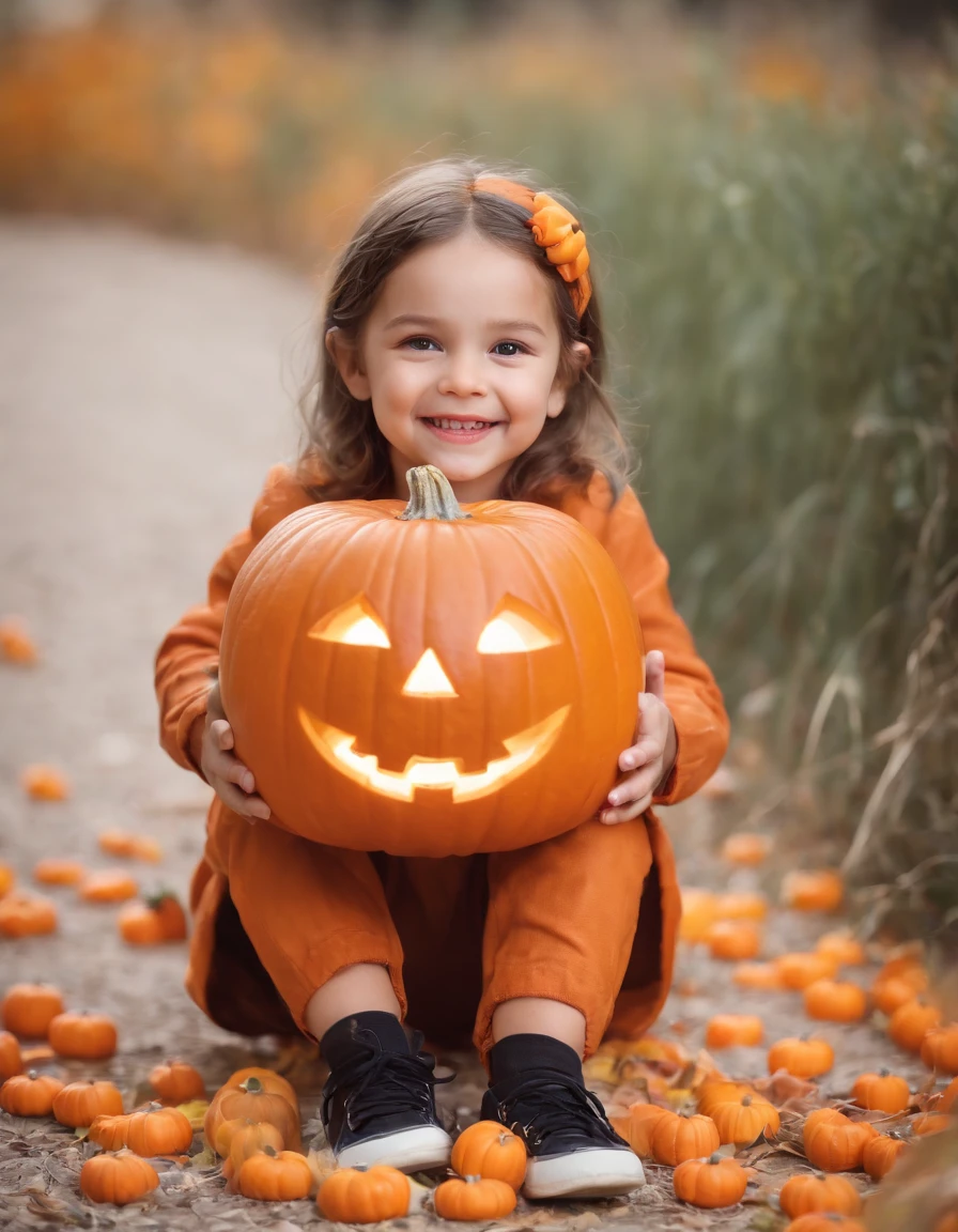 A cute , happy, candy, Halloween, Halloween suit, jack-o'-lantern placed on the ground, child smiling happily,75mm f/1.4