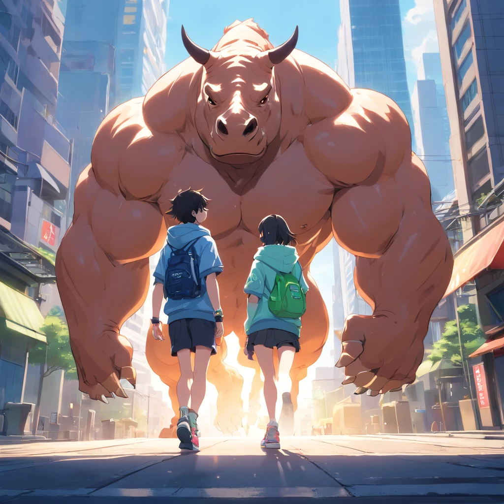 ((foto crua)), ((obra-prima)), Anthropomorphic humanoid rhinoceros wearing (((roupas de streetwear))), caminhando furiosamente entre as pessoas, detalhe intrincado, intricate Greebles pieces, city behind, corpo musculoso, (((large muscles))), muscular arms, (small head), Ogro monstruoso, Titan soft lighting, Hiper realista, soft-lighting, Ambiente sinistro