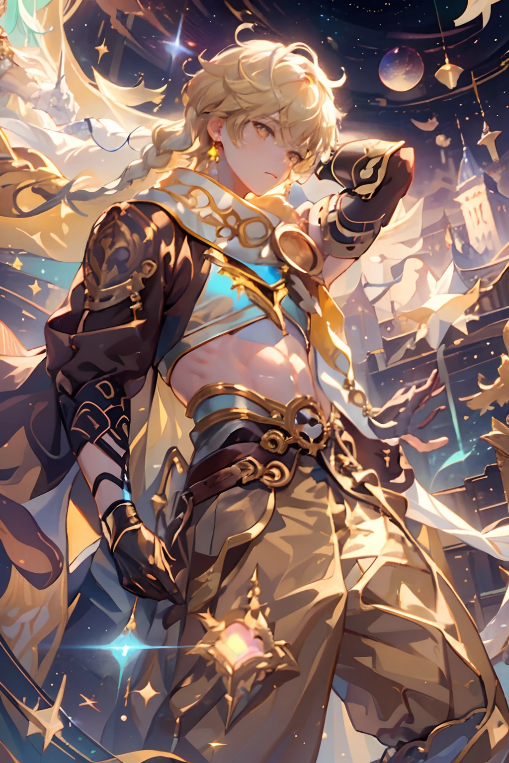 1 boy young man male solo, blond hair with braid, yellow eyes, white scarf with gold details, brown short top, bare belly, ((wide brown harem pants)), high brown boots with golden details, brown gloves, iridescent light, glowing rainbow crystals, sparkles, stars, floating in space, dark background with stars and galaxies, fullbody