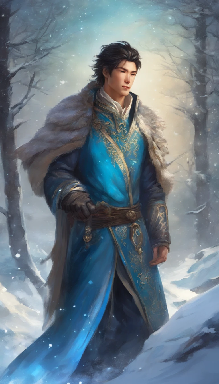 In the ice and snow,Standing an ancient Chinese boy wearing a blue robe,It was a handsome boy,Star-eyed swordsman,A broken carriage was parked beside him, which had broken down,Even the horses didn't know where to run。This time,It was snowing heavily!