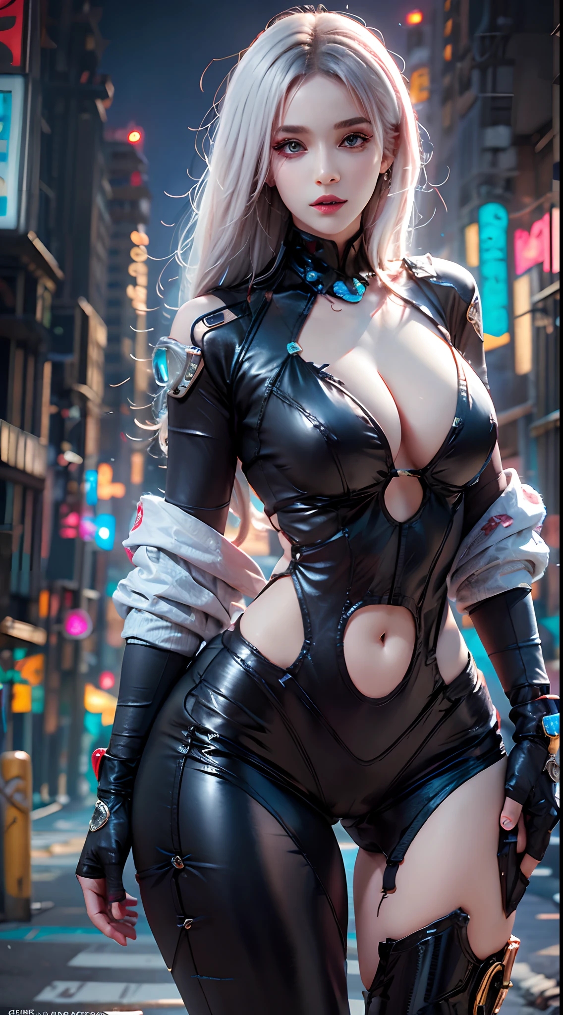 photorealistic, high resolution, 1women, mature female, solo, hips up, jewelry, tattoo, white hair, long hair, make up, pink lips, cyber wear, High waisted jacket, bodysuit, leggings, cyberpunk 2077 style, cyborg, mechanical body parts, night city, neon lights