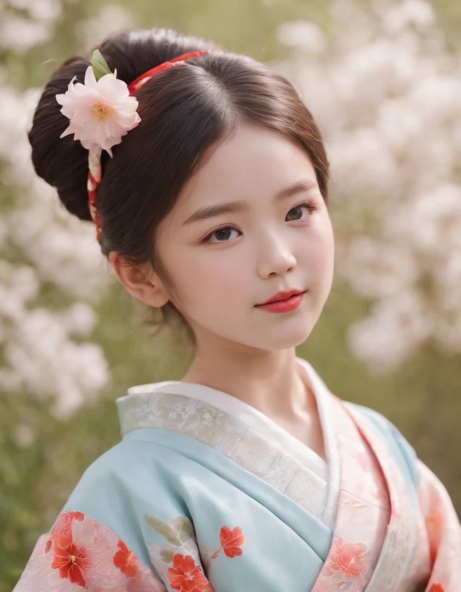 Japan kimono, Kawaii aesthetic style, New Pop Meadows, Put the flowers in your nose and smell, Blush, Fair skin, cheerfulness, 7 year old girl,upper body