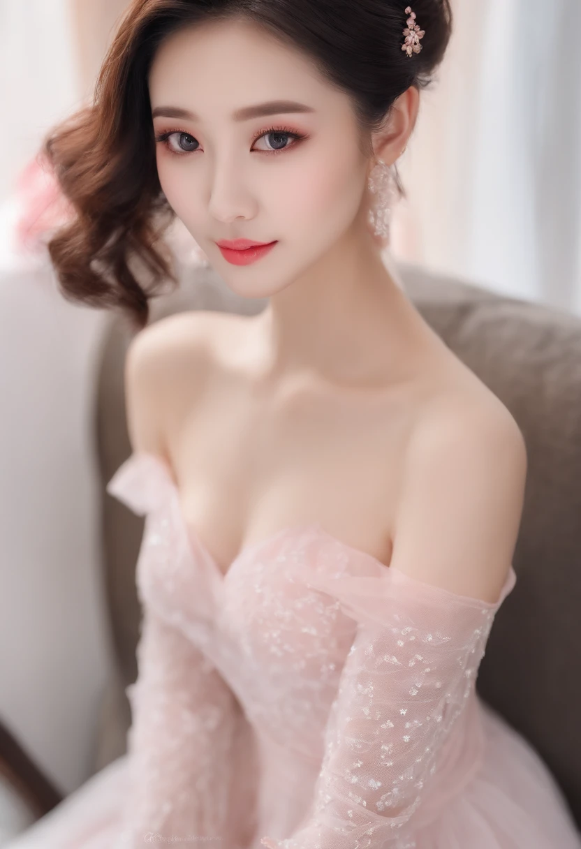 gentle and lovely Chinese beautiful woman, delicate sexy collarbone, Charming goose egg face, Double eyelids, Smart Peach Blossom Eyes, Pink lips, Small upturned nose, Bare shoulders, Focused face, facial closeups, Ultra HD, Super detail, Full body photo, ultra-thin translucence, Pink hair is optimally proportioned with four fingers and one thumb, Cat ears