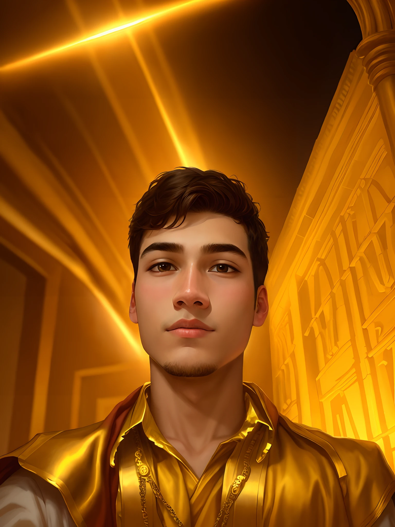 16 year old boy become god king, with accurate face, ultra realistic, gold banded cloths, selfie, kind face, frontal image.
