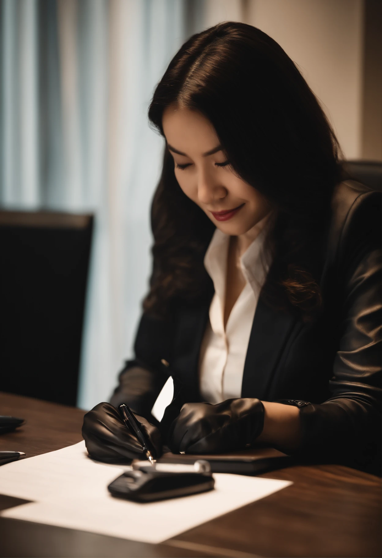 Wearing black leather gloves in both hands, upper body, black business suit, facing the desk in the modern study in the dark, looking down, smiling, writing a letter using a fountain pen, long, straight black hair, young and cute face Japanese female new employee (black leather gloves cover both hands)