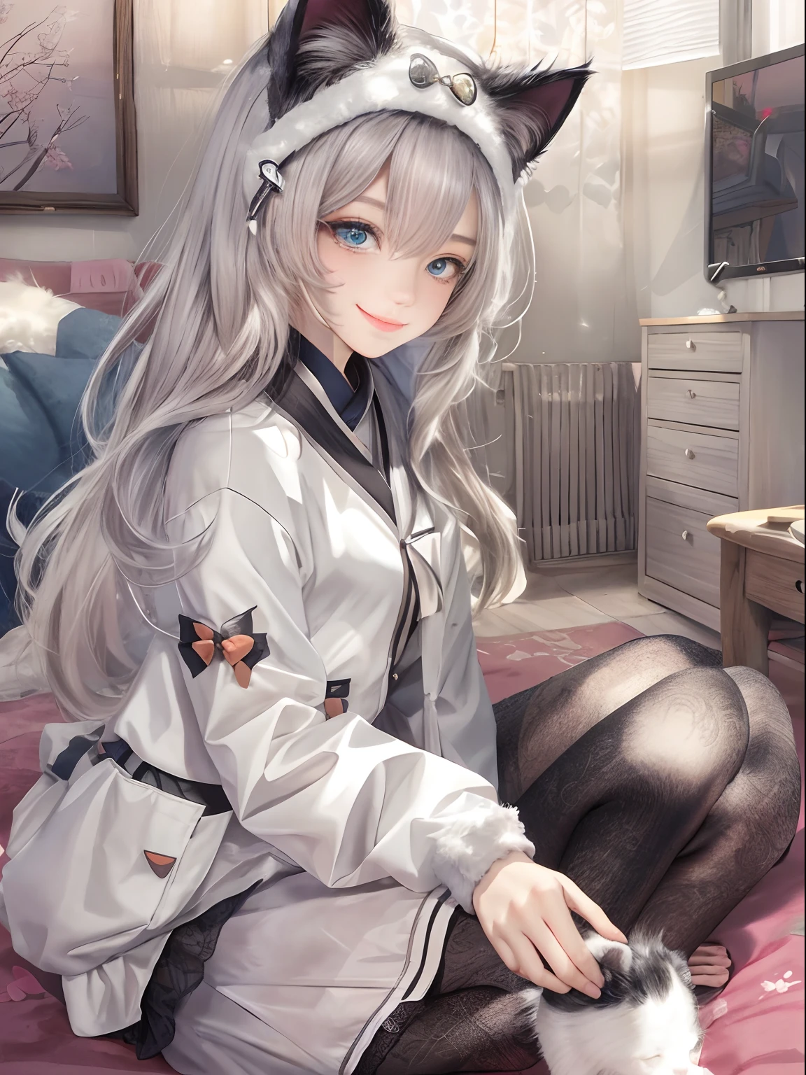 （tmasterpiece，best qualtiy）， 1 beutiful girl， Cat ears， ssmile， Slim body， （校服：1.1）， （Detailed beautiful eyes）， paw mittens， Bedrooms， inside in room，blackstockings