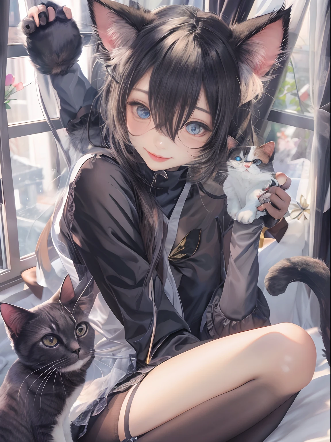 (tmasterpiece,best qualtiy), 1 beutiful girl, Cat ears, ssmile, Slim body, (校服:1.1), (Detailed beautiful eyes), paw mittens, Bedrooms, inside in room,blackstockings