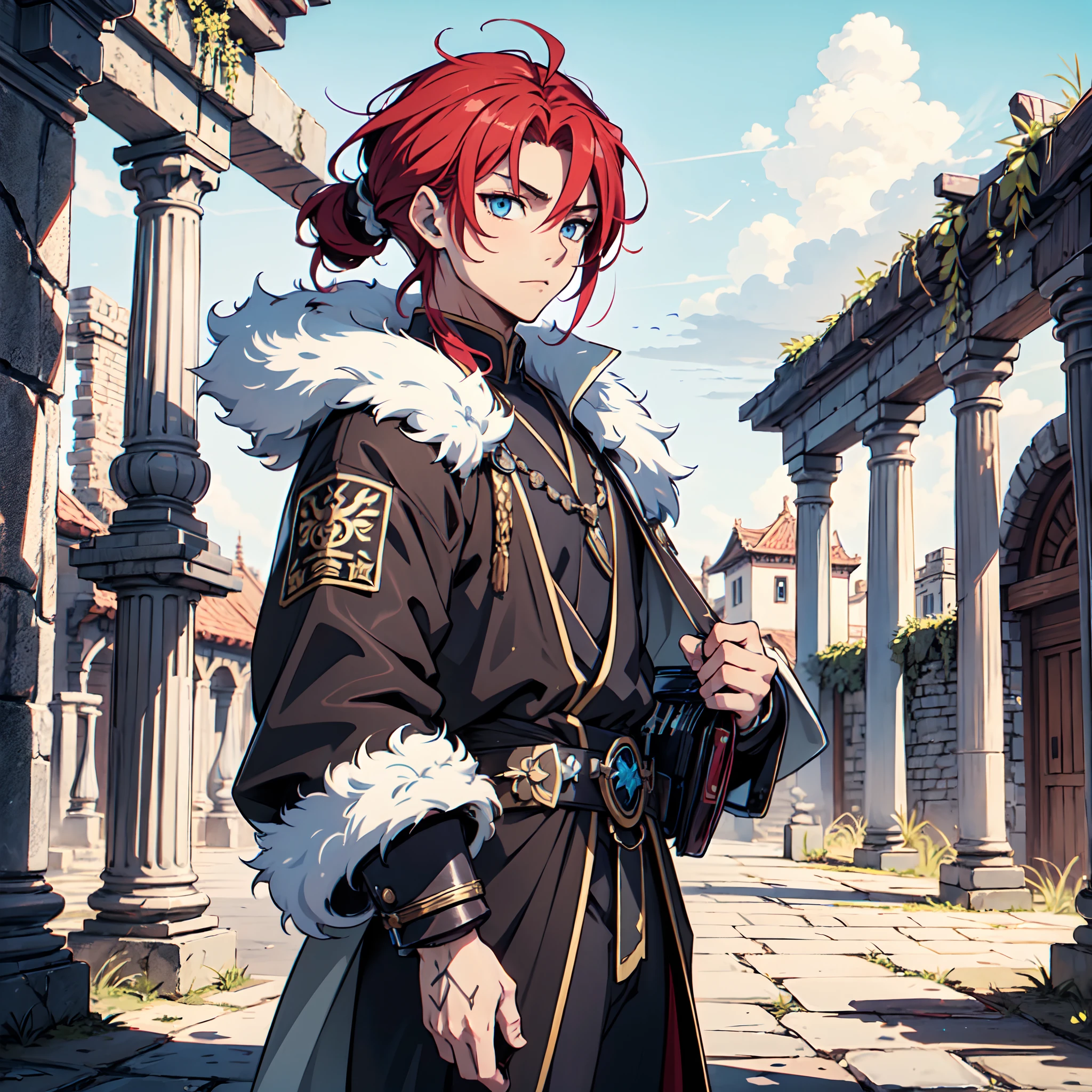 Ultra High Definition, Ultra High Quality, Extremely Detailed, Perfectly Detailed, Masterpiece, 8k, 1 Boy, Look A Like Xin From Kingdom Anime, Handsome, Equipped With Black Paladin Armor, Solid Light Blue Eyes, Long Red Hair, Full Body Shot, Ancient Kingdom Background