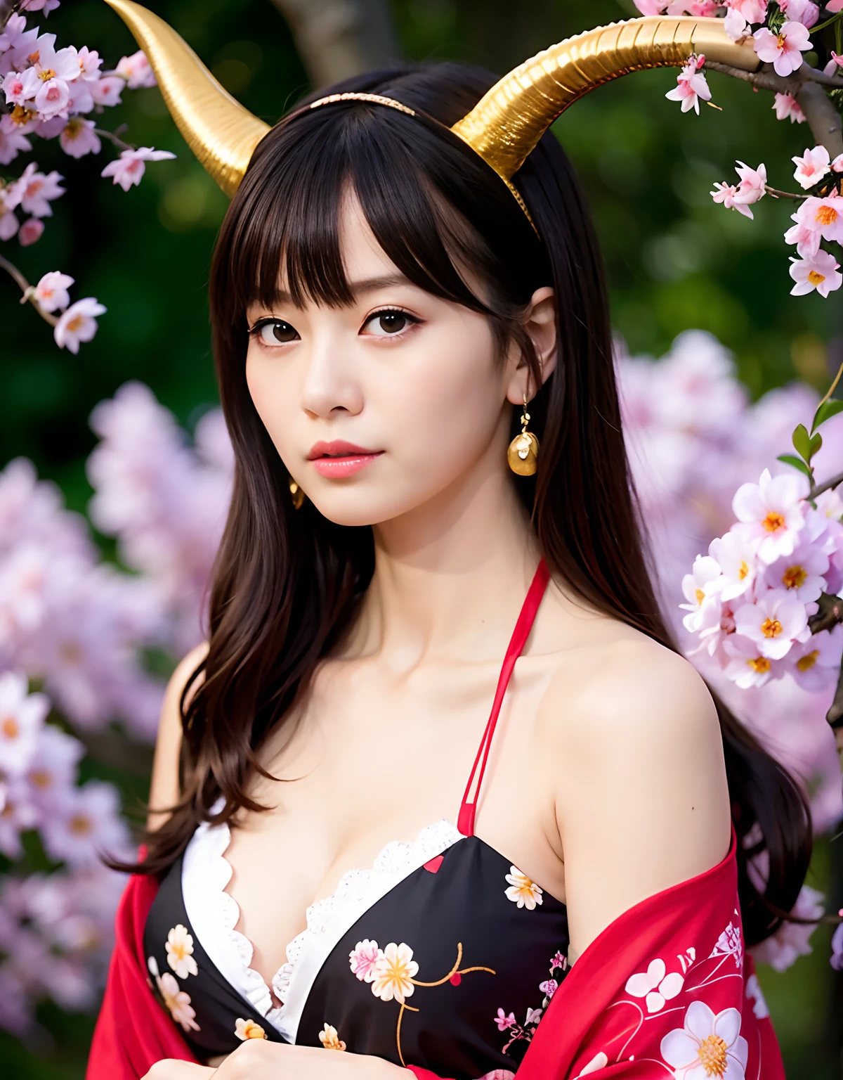 ((World of Darkness)),Professional , masterpiece、top-quality、photos realistic , depth of fields 、(Prostitute Sexy Pose)、(Background of cherry trees in full bloom),(Ultimate Beauty)、A dark-haired、(White bikini armor)、(Kimono with beautiful pattern)、(Night background)、((a dark night)),(Wear a beautiful kimono),(Wear a beautiful kimono with colorful floral patterns)、Jewel Gold Weapon、Particles of light),(Has a devil's mask)、Gorgeous gold weapons ,(( Gorgeous Dragon Sword)) , (a dark night),,(maikurobikini) 、((Black Haired Beautiful Girl))、(Castle background)、(demonic wings)、((Gangle's forest background))、Beautiful Caucasian beauty、1a person、dynamic ungle,(((Two devil's horns on the head)))、Smaller head、Idle Smile、Thin and beautiful female hands、Mystical expression、Light Effects、intense fighting、Wind-effect、magic circles、With the legendary magic wand、Dragon's tail、