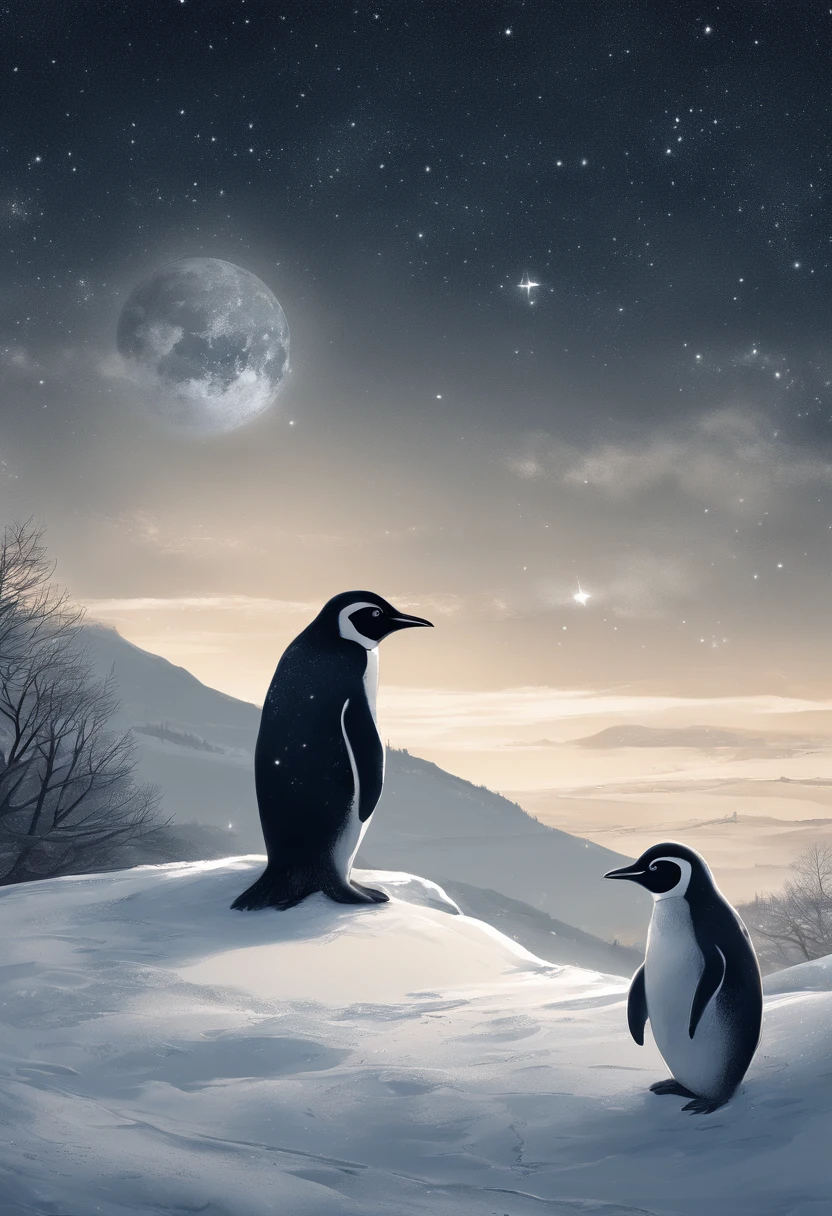 There is a little penguin sitting on a snow-covered hill under the stars, calm night. Digital Illustration, in the starry night, Dreamy night, Moon and stars, Night under the stars, Adorable Digital Painting, Moon and stars, starry nights, cute detailed digital art, Looking up at the stars, In the clear night sky, starrysky, dreamy illustration