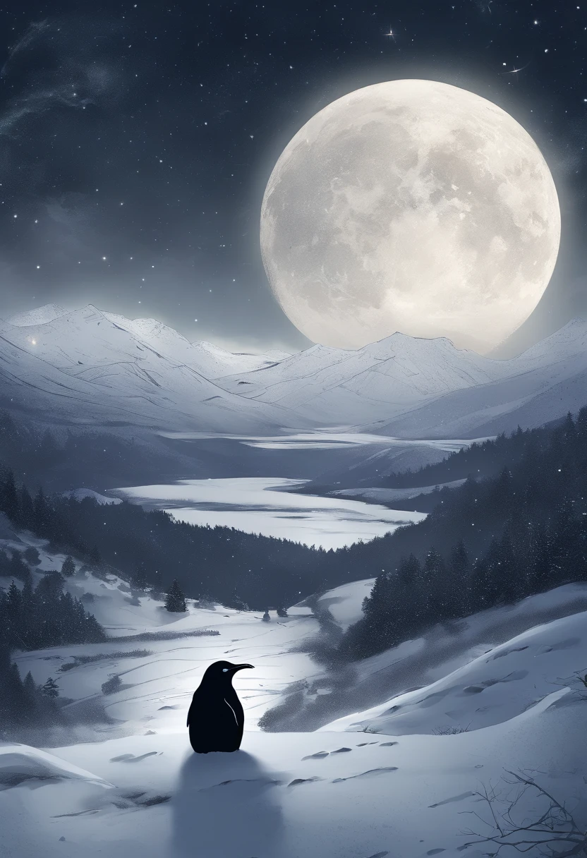 There is a little penguin sitting on a snow-covered hill under the stars, calm night. Digital Illustration, in the starry night, Dreamy night, Moon and stars, Night under the stars, Adorable Digital Painting, Moon and stars, starry nights, cute detailed digital art, Looking up at the stars, In the clear night sky, starrysky, dreamy illustration