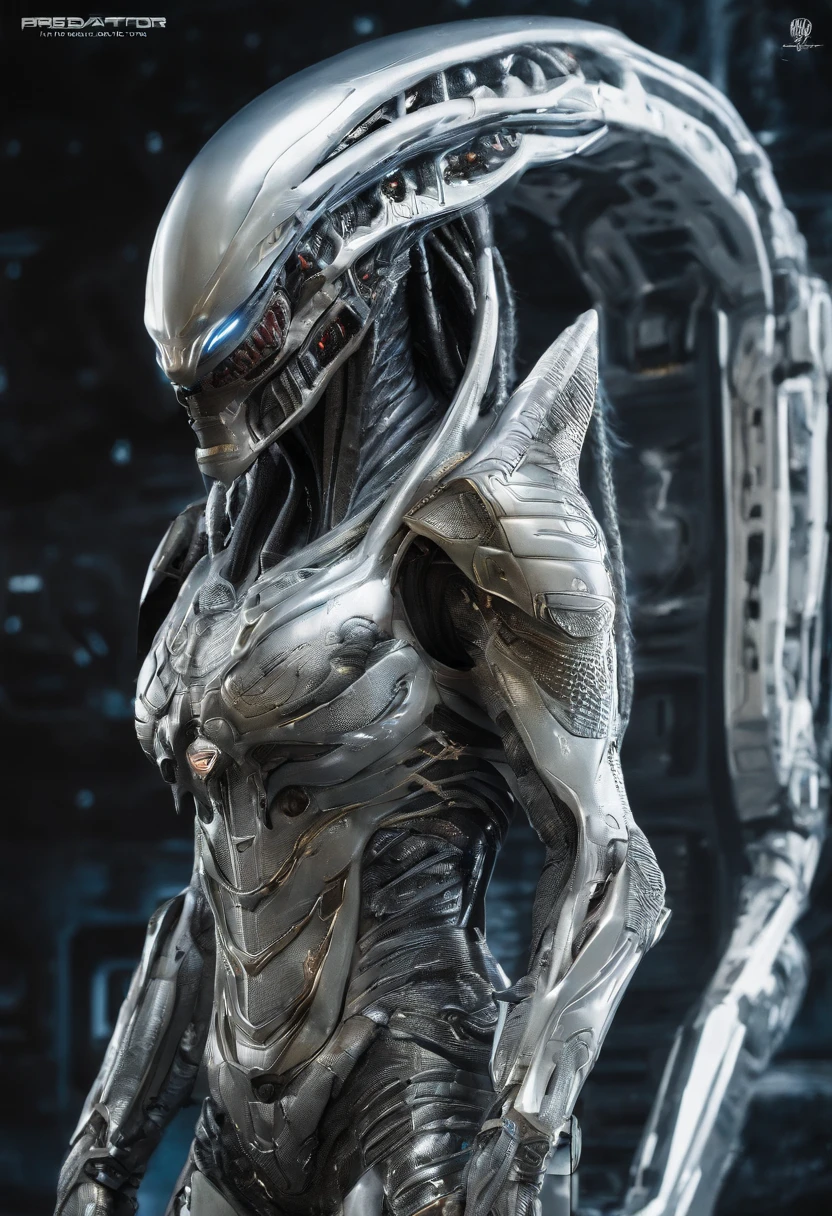 Predator,full bodyesbian,Silver-white scaly armor,high - tech,Laser eye