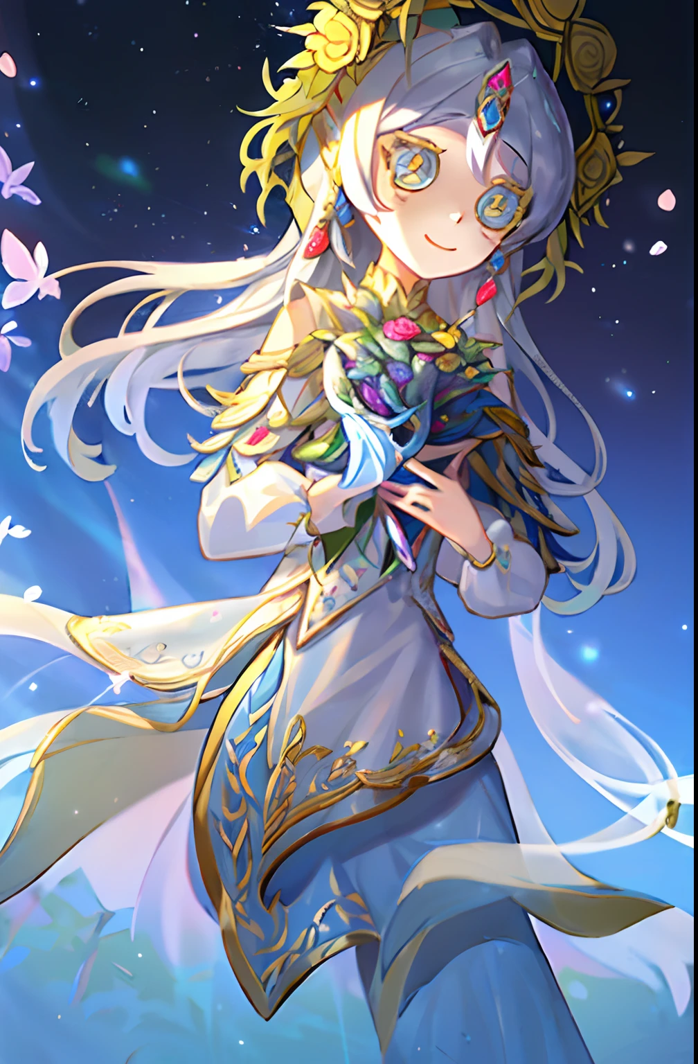 (tmasterpiece、top-quality、illustratio、Extremely high quality、high-level image quality、Extremely sensitive writing)Girl with long silver hair standing in beautiful flowery garden、A slight smile、She has a large bouquet、Cute national costume style dress，There are ruffles on the shoulders、Hair fluttering in the wind