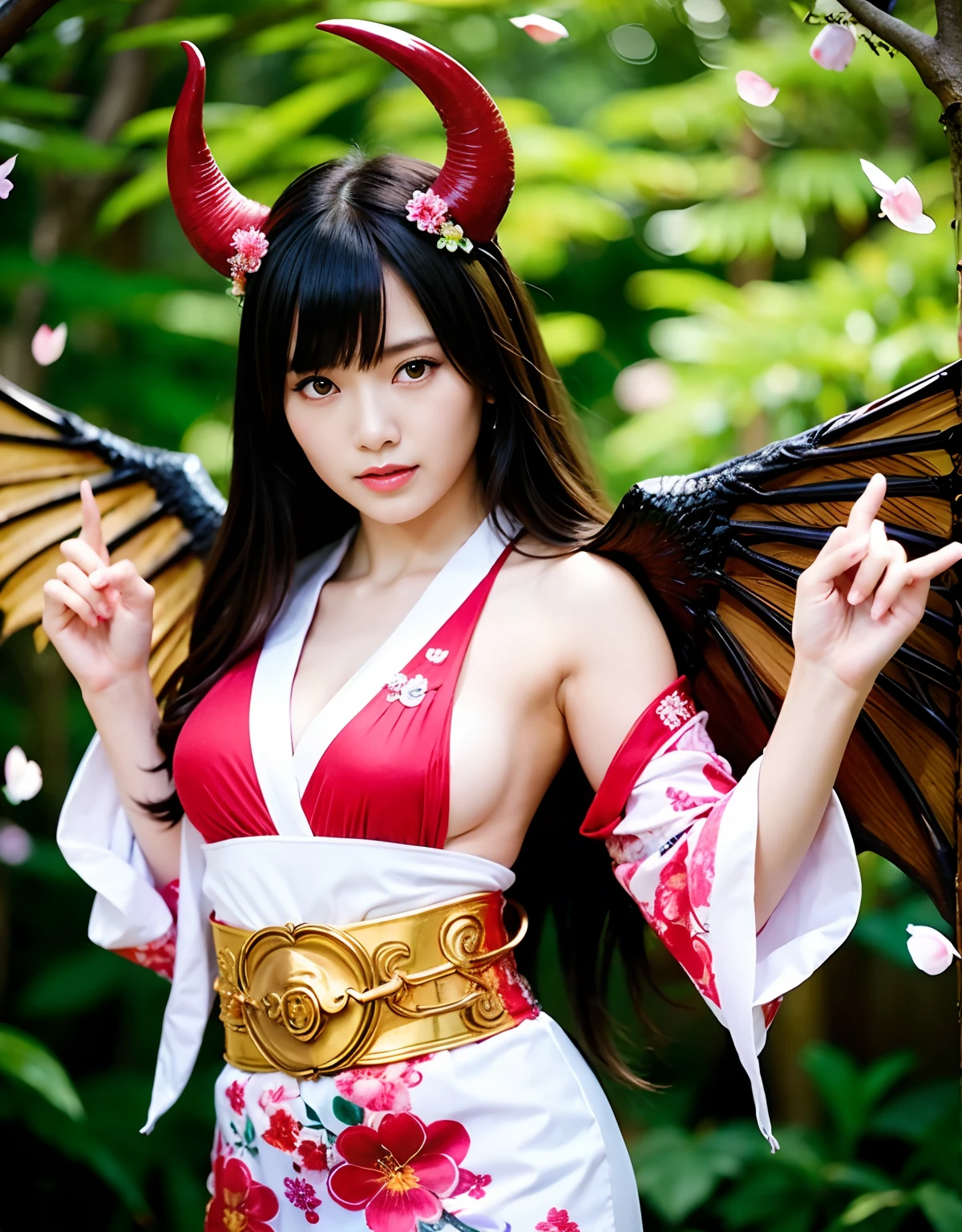 ((World of Darkness)),Professional , masterpiece、top-quality、photos realistic , depth of fields 、(Prostitute Sexy Pose)、(Background of cherry trees in full bloom),(Ultimate Beauty)、A dark-haired、(White bikini armor)、(Kimono with beautiful pattern)、(Night background)、((a dark night)),(Wear a beautiful kimono),(Wear a beautiful kimono with colorful floral patterns)、Jewel Gold Weapon、Particles of light),(Has a devil's mask)、Gorgeous gold weapons ,(( Gorgeous Dragon Sword)) , (a dark night),,(maikurobikini) 、((Black Haired Beautiful Girl))、(Castle background)、(demonic wings)、((Gangle's forest background))、Beautiful Caucasian beauty、1a person、dynamic ungle,(((Two devil's horns on the head)))、Smaller head、Idle Smile、Thin and beautiful female hands、Mystical expression、Light Effects、intense fighting、Wind-effect、magic circles、With the legendary magic wand、Dragon's tail、