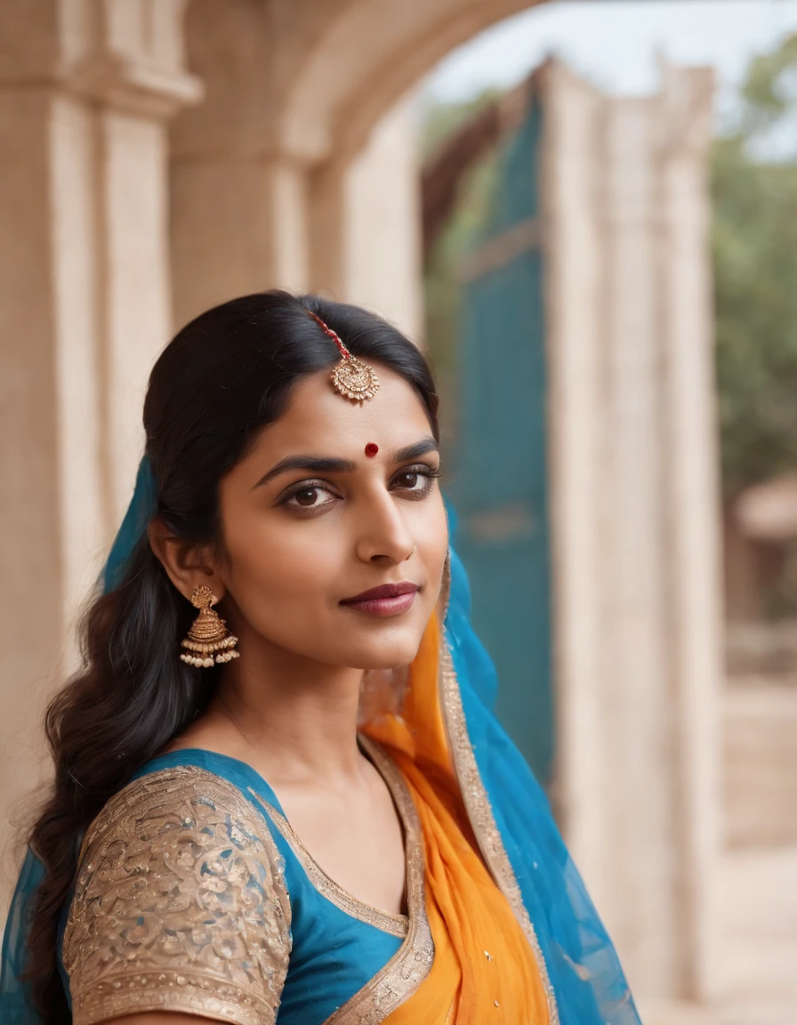 hindu woman in typical Indian dress, blue gate in the background, half-length shot, sunny day, high quality photo