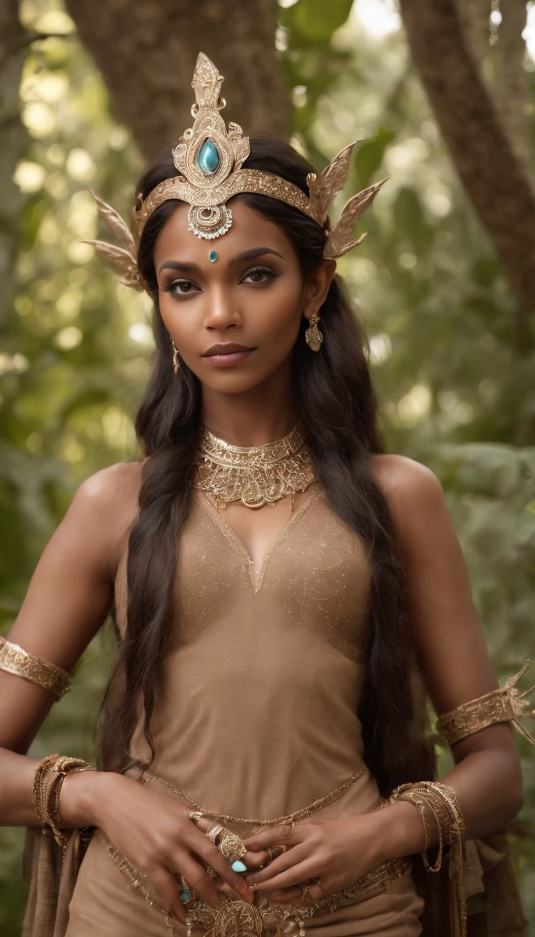 A woman in a brown dress and gold jewelry standing in the woods - SeaArt AI