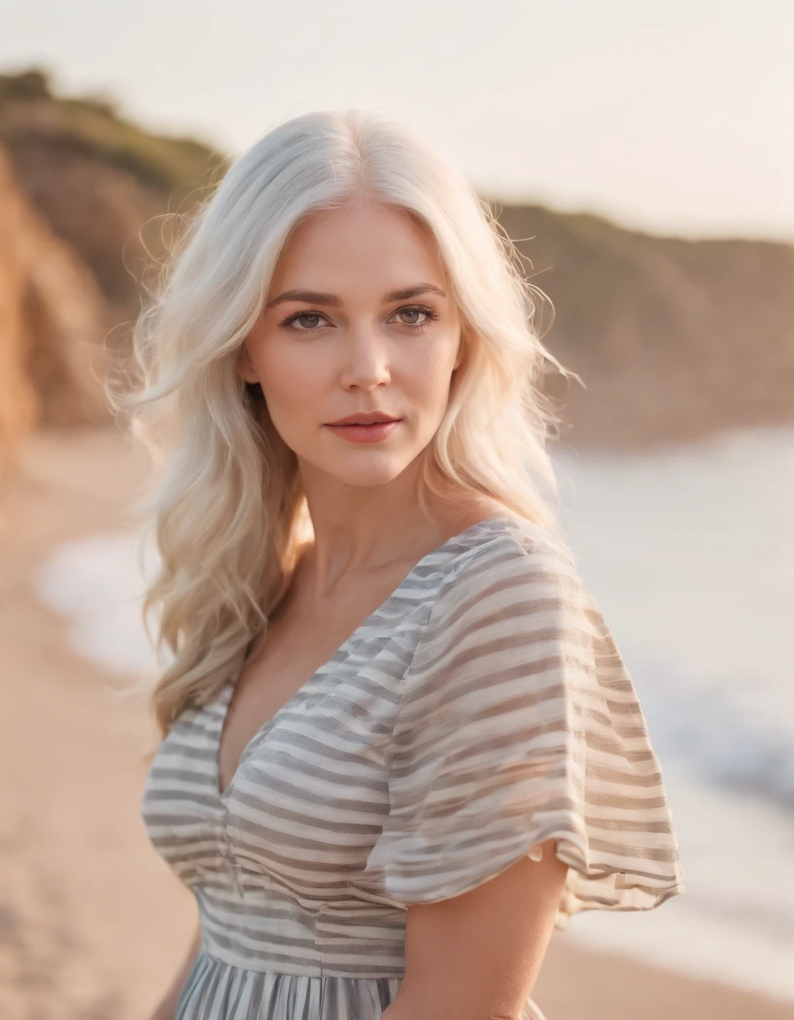 pregnant woman in (dress printed with striped),Coastal beauty,(white hair), (bright eyes, sun-kissed skin, carefree expression),sandy beach background, lighthouse, gentle sea breeze,golden hour lighting, blurred background, rich colors, fine details, hyperrealistic, relaxed atmosphere. natural blurry
