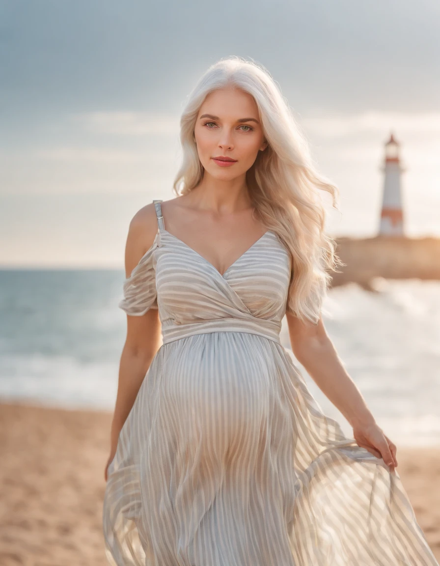 pregnant woman in (dress printed with striped),Coastal beauty,(white hair), (bright eyes, sun-kissed skin, carefree expression),sandy beach background, lighthouse, gentle sea breeze,golden hour lighting, blurred background, rich colors, fine details, hyperrealistic, relaxed atmosphere. natural blurry