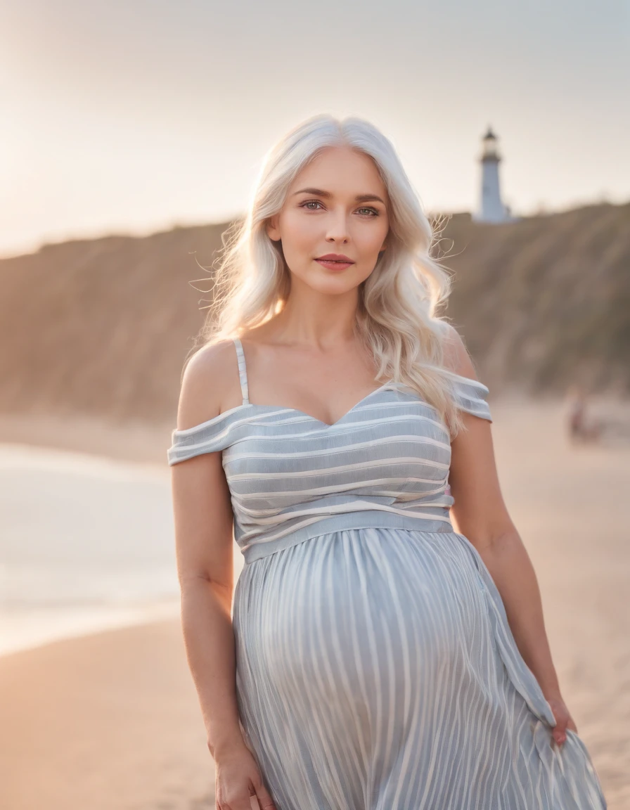 pregnant woman in (dress printed with striped),Coastal beauty,(white hair), (bright eyes, sun-kissed skin, carefree expression),sandy beach background, lighthouse, gentle sea breeze,golden hour lighting, blurred background, rich colors, fine details, hyperrealistic, relaxed atmosphere. natural blurry