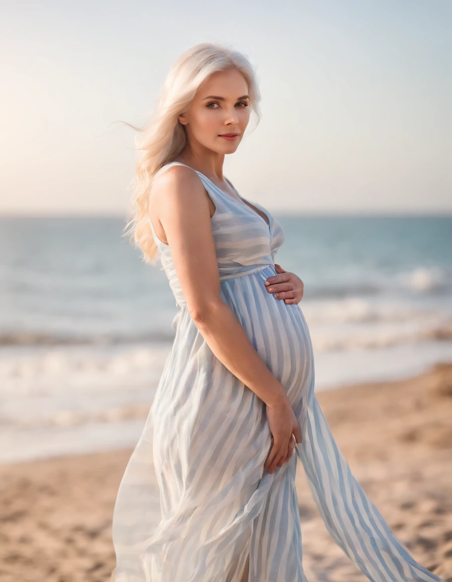 pregnant woman in  dress printed with  striped，Coastal beauty,(white hair), (bright eyes, sun-kissed skin, carefree expression)，sandy beach background, lighthouse, gentle sea breeze,golden hour lighting, blurred background, rich colors, fine details, hyperrealistic, relaxed atmosphere. natural blurry