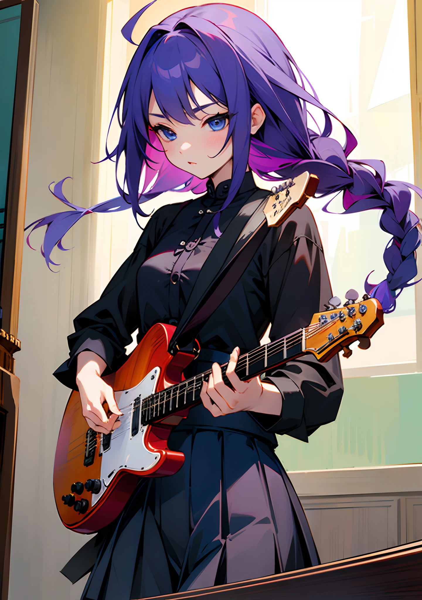 ((masterpiece, best quality)) 1 girl, solo, black dress, blue eyes, electric guitar, guitar, tai nghe, hold, holding the pluck pad;, musical instrument, long hair, , music, side, purple hair, two braids, Play guitar, pleated skirt, black shirt, indoors