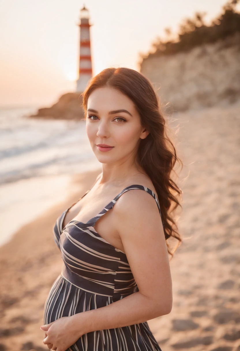 pregnant woman in (dress printed with striped),Coastal beauty,(long hair), (bright eyes, sun-kissed skin, carefree expression),sandy beach background, lighthouse, gentle sea breeze,golden hour lighting, blurred background, rich colors, fine details, hyperrealistic, relaxed atmosphere. natural blurry