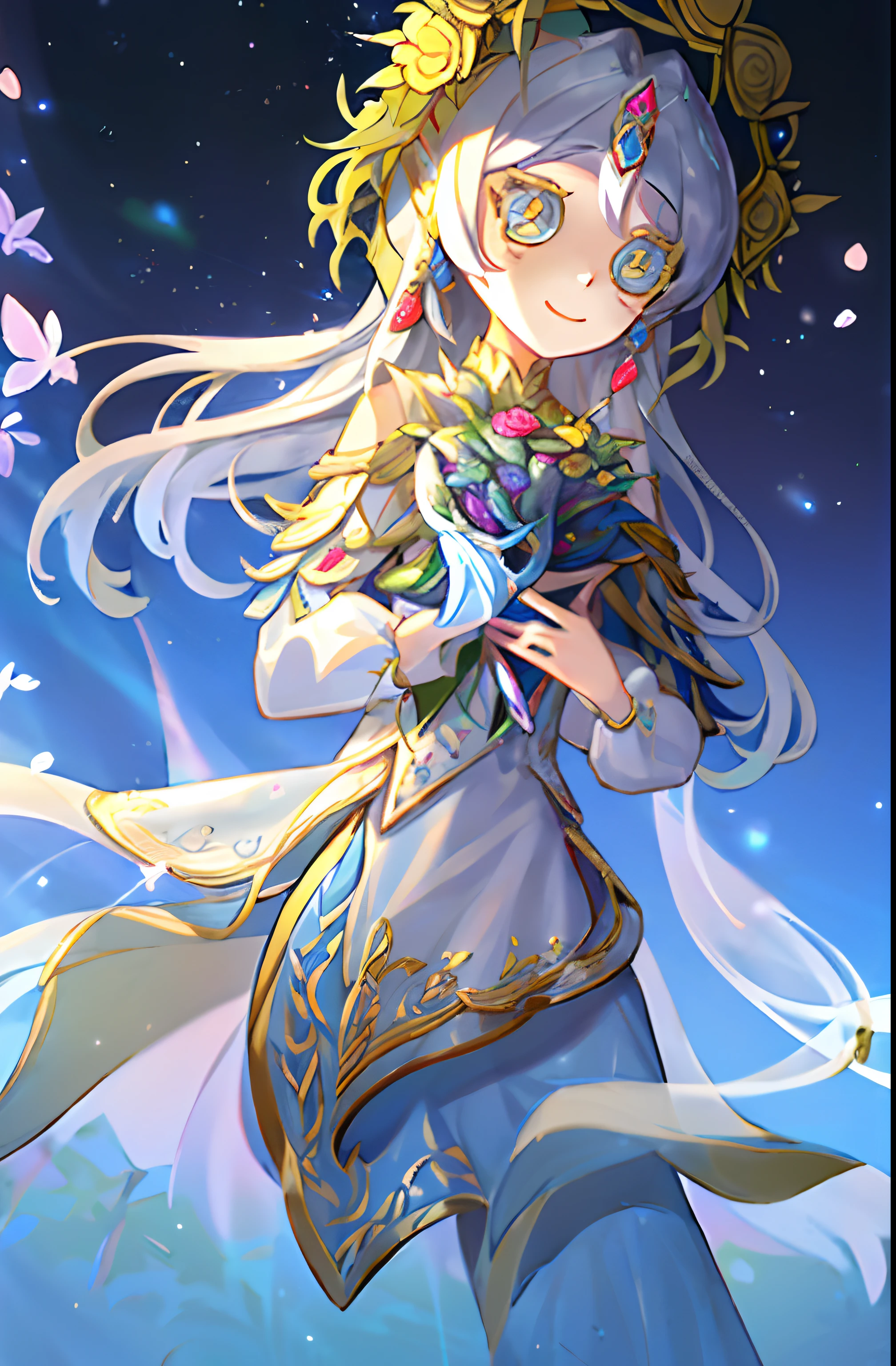 (tmasterpiece、top-quality、illustratio、Extremely high quality、high-level image quality、Extremely sensitive writing)Girl with long silver hair standing in beautiful flowery garden、A slight smile、She has a large bouquet、Cute national costume style dress，There are ruffles on the shoulders、Hair fluttering in the wind