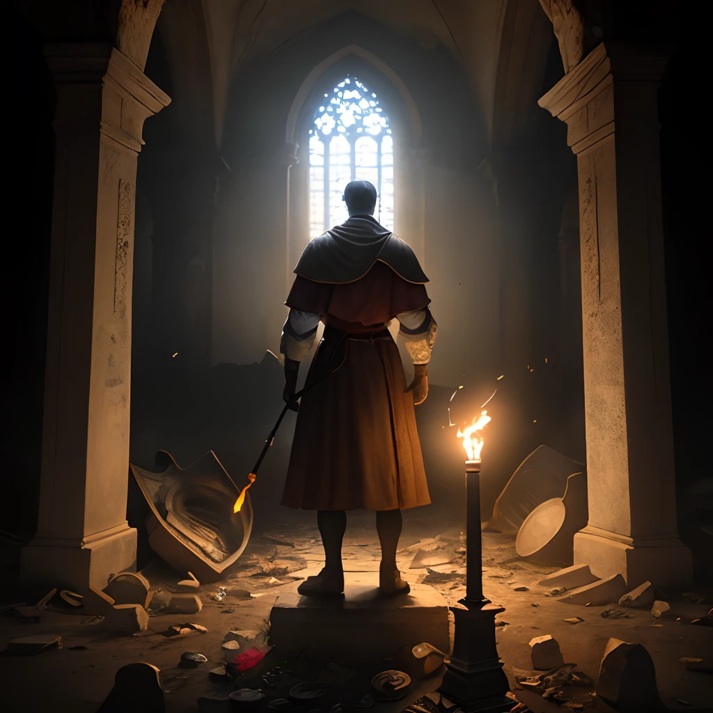 A man standing on center of crypt ruins corridor, holding a torch, medieval era, dusk, direct torch light, trash, debris, table, altar ruins, damaged statue, dust particles, dark, hyper realistic, highly detailed, ultraHD, cinematic, dramatic vibes, dramatic light setting, canon camera shot,