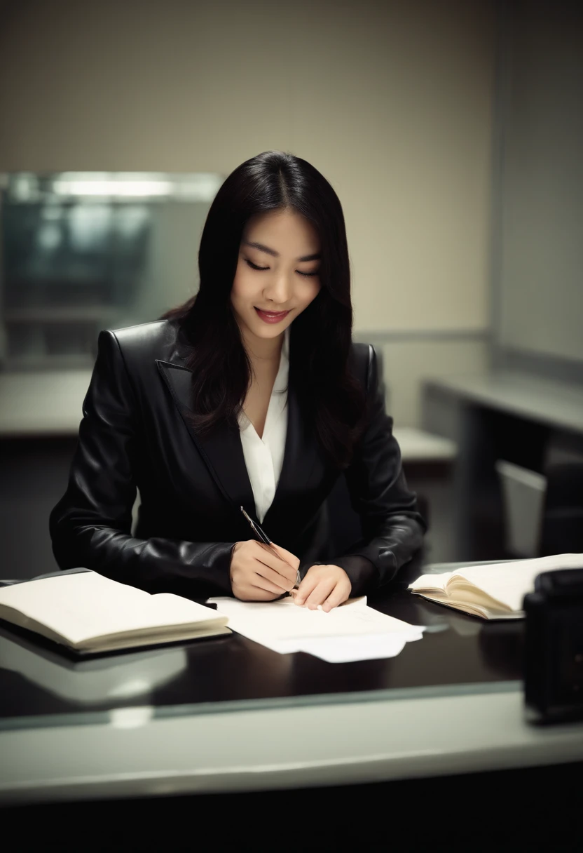 Wearing black leather gloves in both hands, upper body, black business suit, facing the desk in the modern study in the dark, looking down, smiling, writing a letter using a fountain pen, long, straight black hair, young and cute face Japanese female new employee (black leather gloves cover both hands)