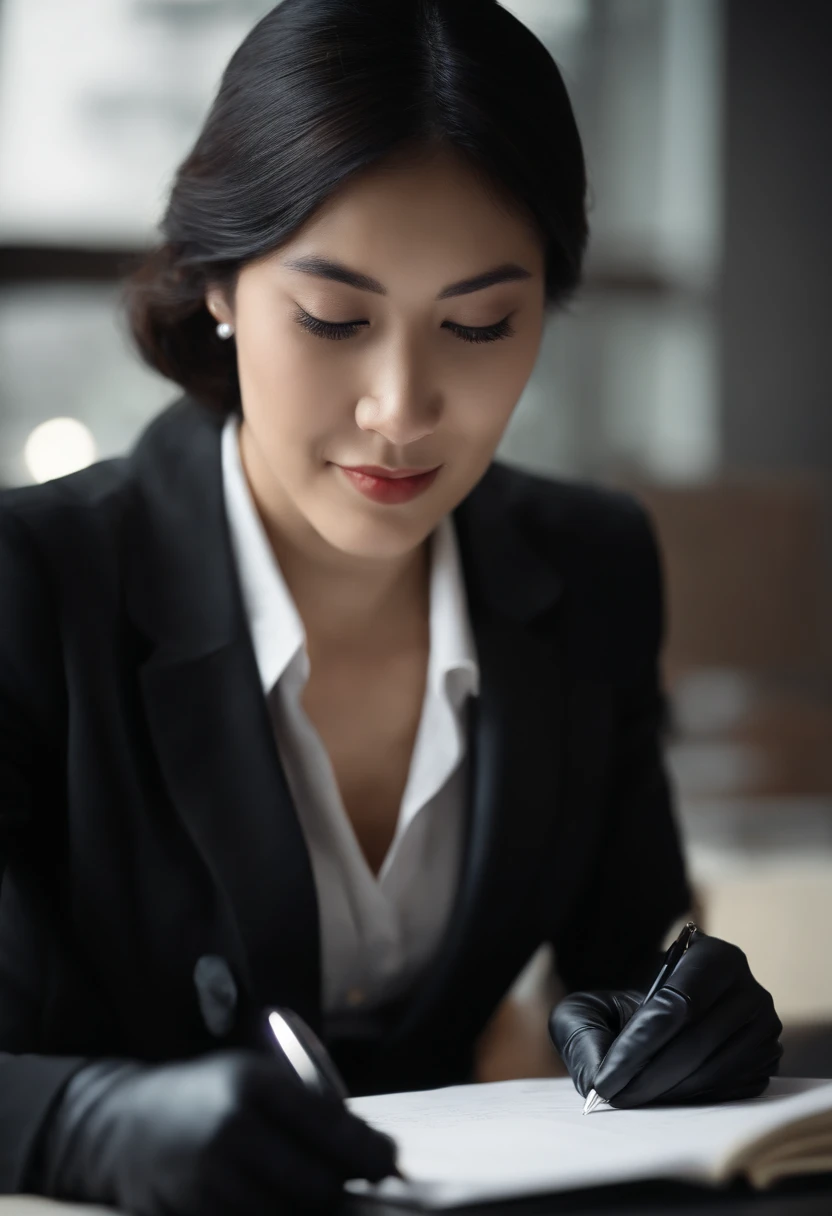 Wearing black leather gloves in both hands, upper body, black business suit, facing the desk in the modern study in the dark, looking down, smiling, writing a letter using a fountain pen, long, straight black hair, young and cute face Japanese female new employee (black leather gloves cover both hands)